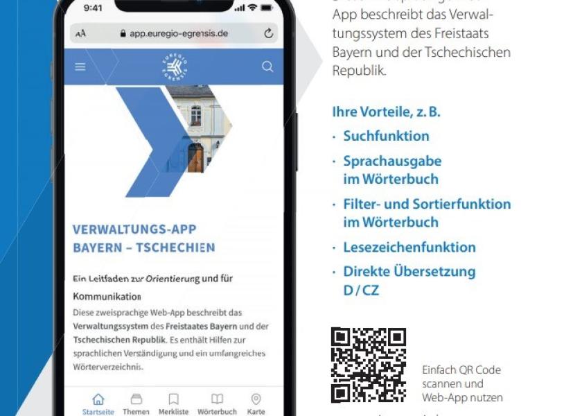 Werbekarte Verwaltungs-App Bayern-Tschechien: Handy mit Auszug aus Verwaltungs-App, rauf der rechten Seite Vorteile abgebildet: z.B. Suchfunktion, Sprachausgabe im Wörterbuch, Filter-/Sortierfunktion