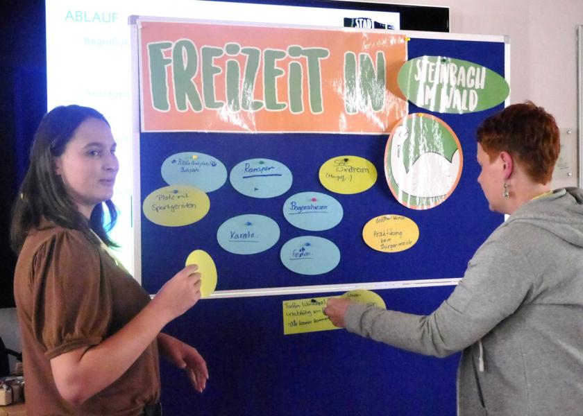 Zwei Mädchen pinnen Zettel an die Flipchart zum Themen Freizeit in Steinbach am Wald