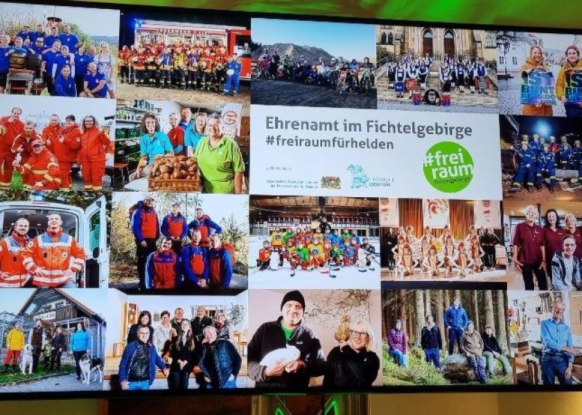 Präsentation Ehrenamt im Fichtelgebirge #freiraumfürhelden mit Fotos verschiedener ehrenamtlich tätige Personen