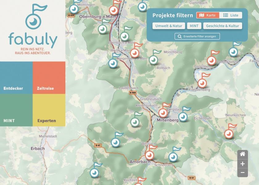 Oberfläche der digitalen Plattform fabuly: Auszug der Landkarte Landkreis Miltenberg mit verschiedenen Markern; Kategorien: Entdecker, Zeitreise, MINT, Experten