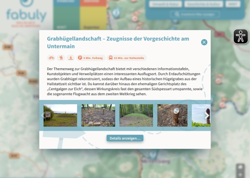 Vorschau: Grabhügellandschaft-Zeugnisse der Vorgeschichte am Untermain: Rad-/Wander-/Fußgänger-/Parkplatz-/Bussymbole; Detailtext: Der Themenweg zur Grabhügellandschaft bietet mit verschiedenen...