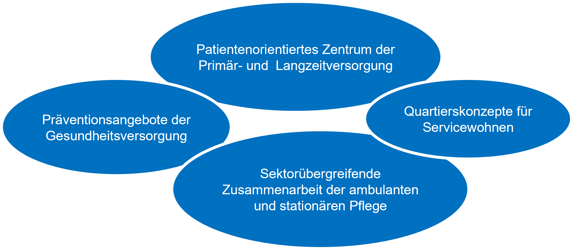 Präventionsangebote der Gesundheitsversorgung; Patientenorientiertes Zentrum der Primär- und Langzeitversorgung; Quartierskonzepte für Servicewohnen; Sektorübergreifende Zusammenarbeit der ambulanten und stationären Pflege