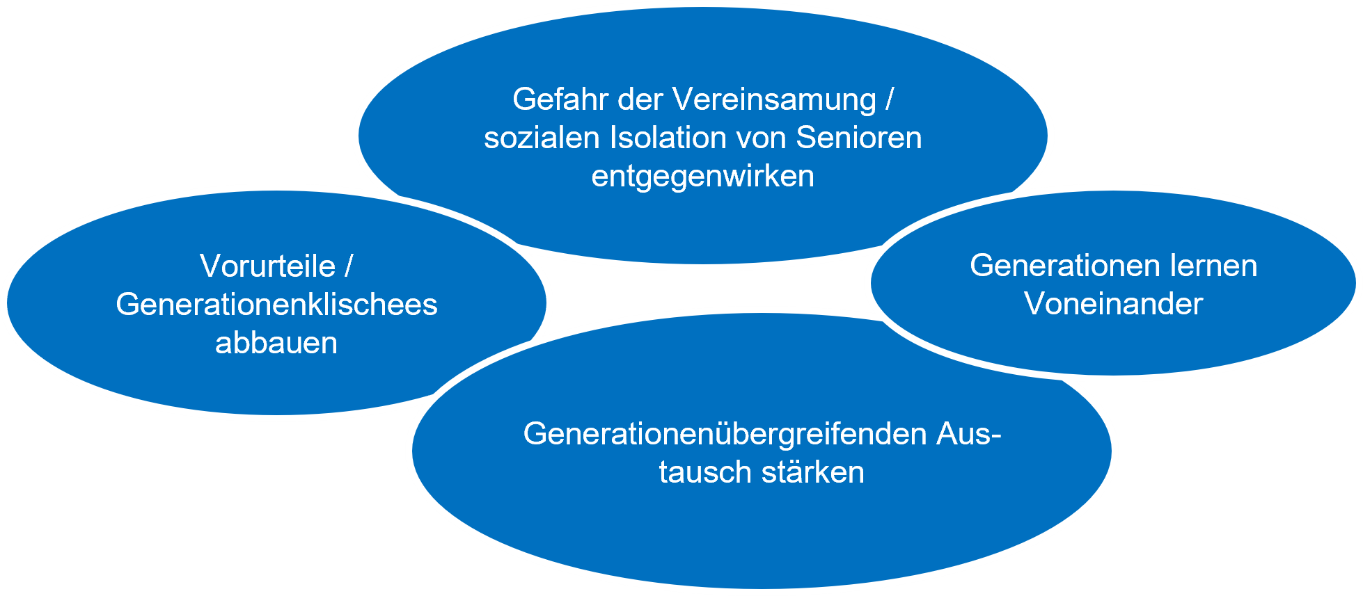 Vorurteile/Generationenklischees abbauen; Gefahr der Vereinsamung / sozialen Isolation von Senioren entgegenwirken; Generationen lernen voneinander; Generationenübergreifenden Austausch stärken