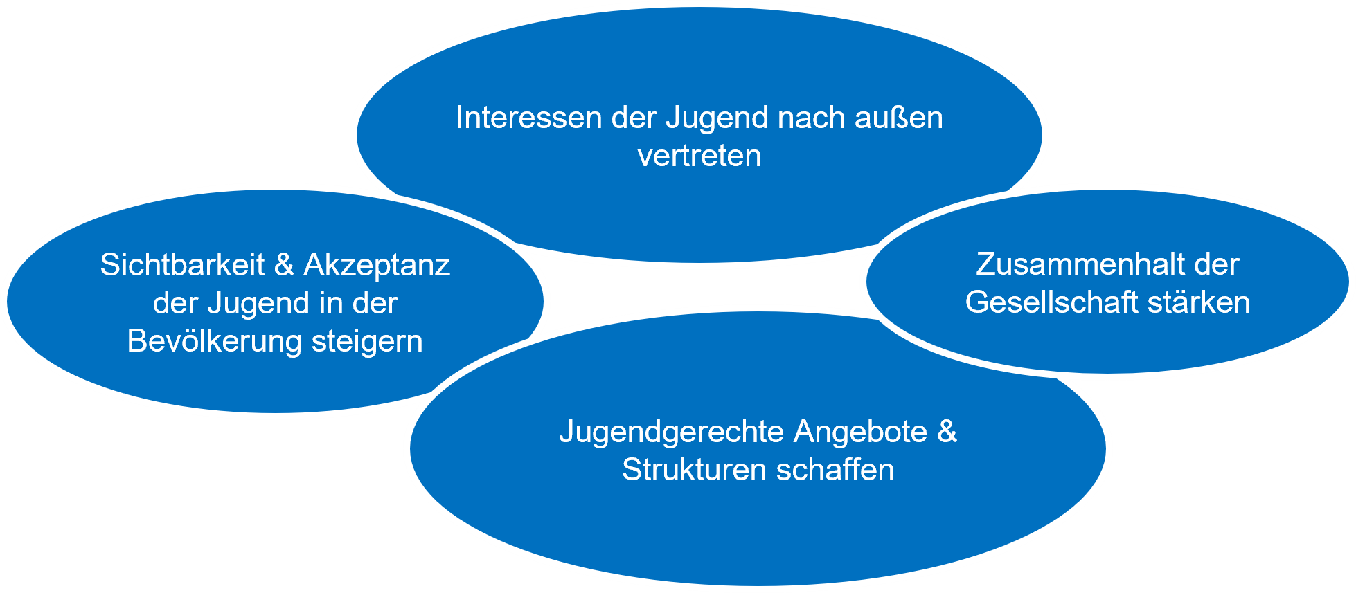 Sichtbarkeit und Akzeptanz der Jugend in der Bevölkerung steigern; Interessen der Jugend nach außen vertreten; Zusammenhalt der Gesellschaft stärken; Jugendgerechte Angebote und Strukturen schaffen