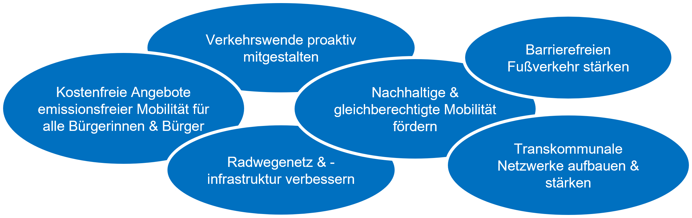 Kostenfreie Angebote emissionsfreier Mobilität für alle Bürgerinnen und Bürger; Verkehrswende proaktiv mitgestalten; Nachhaltige und gleichberechtigte Mobilität fördern; Barrierefreien Fußverkehr stärken; Radwegenetz und -infrastruktur verbessern; Transkommunale Netzwerke aufbauen und stärken