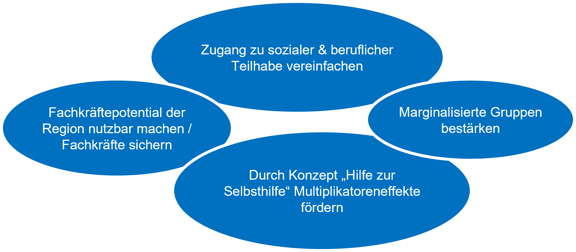 Fachkräftepotential der Region nutzbar machen / Fachkräfte sichern; Zugang zu sozialer und beruflicher Teilhabe vereinfachen; Marginalisierte Gruppen bestärken; Durch Konzept 