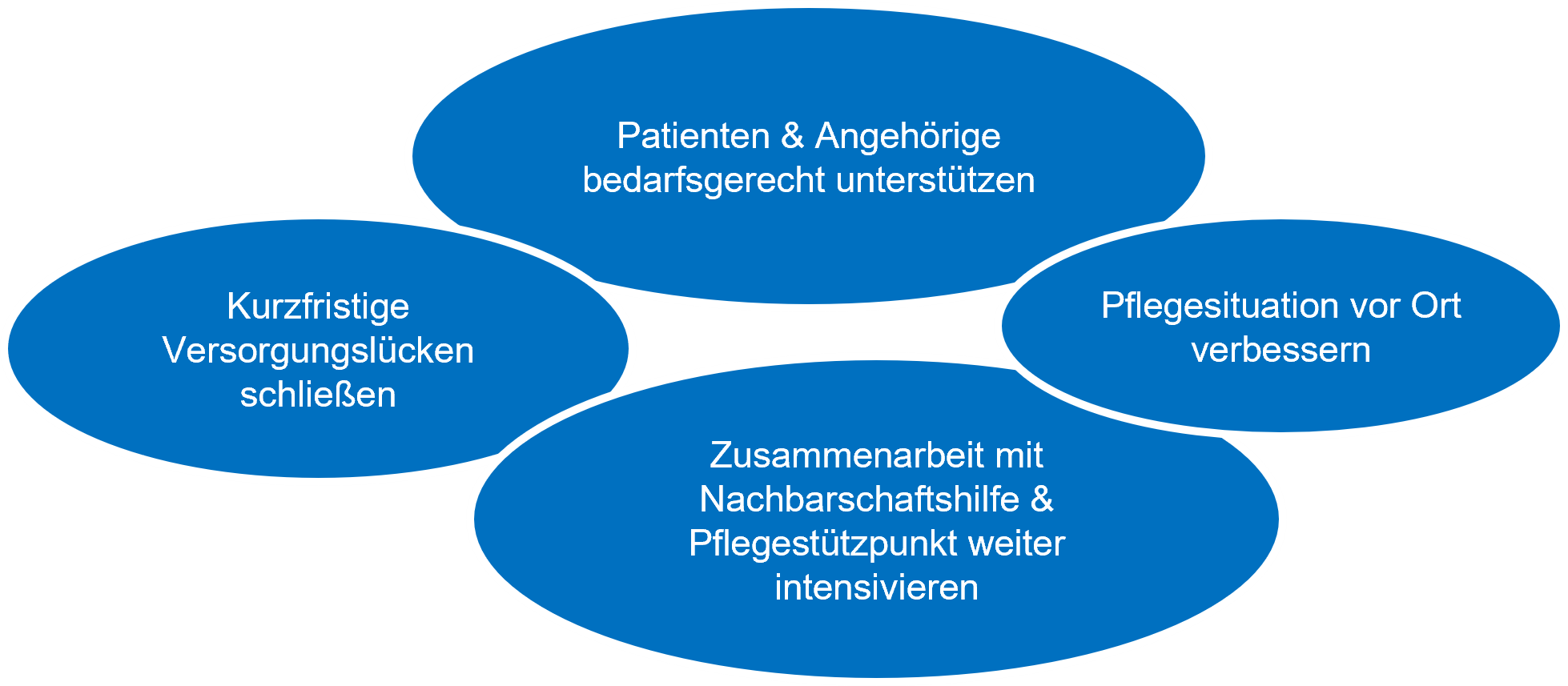 Kurzfristige Versorgungslücken schließen; Patienten und Angehörige bedarfsgerecht unterstützen; Pflegesituation vor Ort verbessern; Zusammenarbeit von Nachbarschaftshilfe und Pflegestützpunkt weiter intensivieren