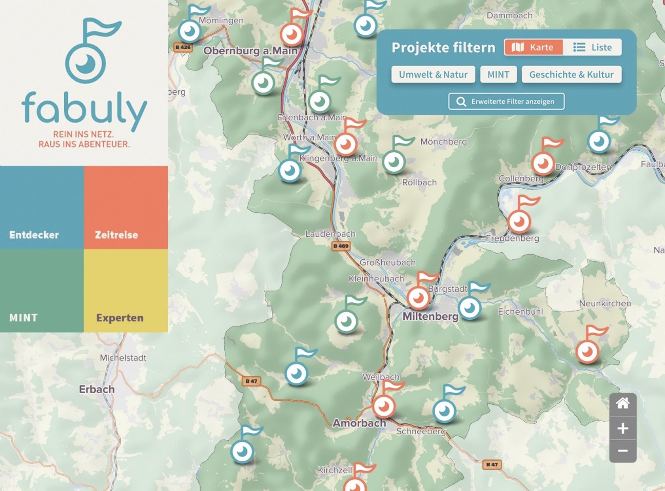 Oberfläche der digitalen Plattform fabuly: Auszug der Landkarte Landkreis Miltenberg mit verschiedenen Markern; Kategorien: Entdecker, Zeitreise, MINT, Experten