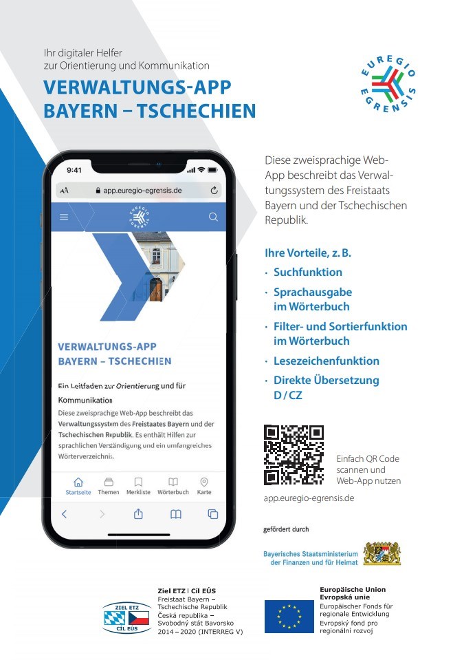 Werbekarte Verwaltungs-App Bayern-Tschechien: Handy mit Auszug aus Verwaltungs-App, rauf der rechten Seite Vorteile abgebildet: z.B. Suchfunktion, Sprachausgabe im Wörterbuch, Filter-/Sortierfunktion