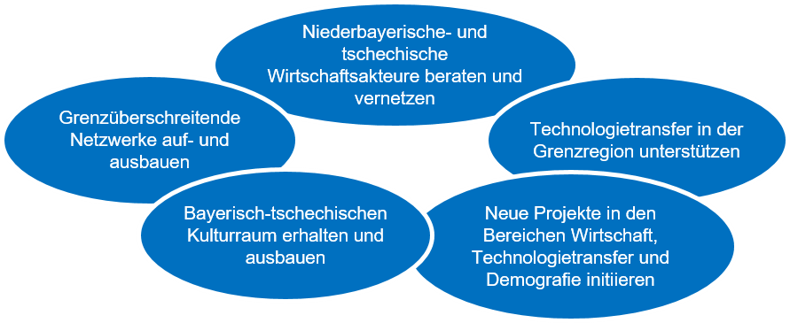 Grenzüberschreitende Netzwerke auf- und ausbauen, Bayerisch-tschechischen Kulturraum erhalten und ausbauen, Niederbayerische- und tschechische Wirtschaftsakteure beraten und vernetzen; Technologietransfer in der Grenzregion unterstützen; Neue Projekte in den Bereichen Wirtschaft, Technologietransfer und Demografie initiieren   