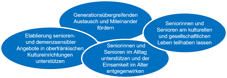 Etablierung senioren- und demenzsensibler Angebote in oberfränkischen Kultureinrichtungen unterstützen; Generationsübergreifenden Austausch und Miteinander fördern; Seniorinnen und Senioren im Alltag unterstützen und der Einsamkeit im Alter entgegenwirken; Seniorinnen und Senioren am kulturellen und gesellschaftlichen Leben teilhaben lassen 