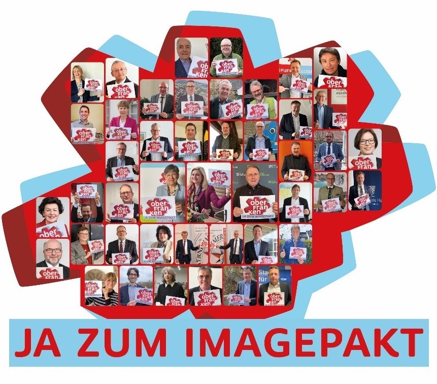 Collage aus einzelnen Bildern mit Personen die ein Schild zu &quot;Oberfranken&quot; halten, dazu Schriftzug Ja zum Imagepakt