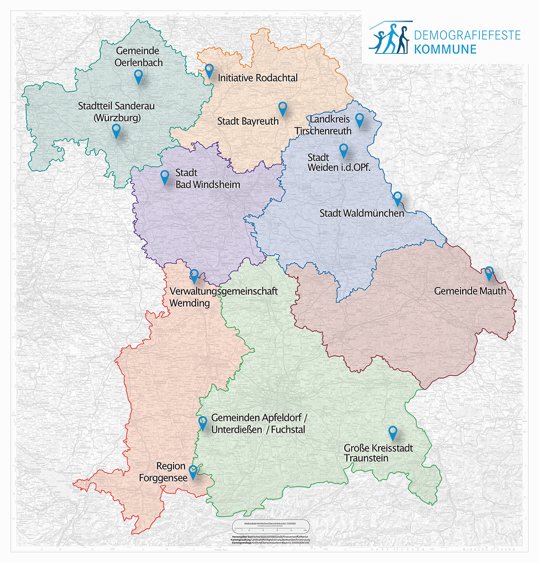 Bayernkarte mit den Pilot-Kommunen